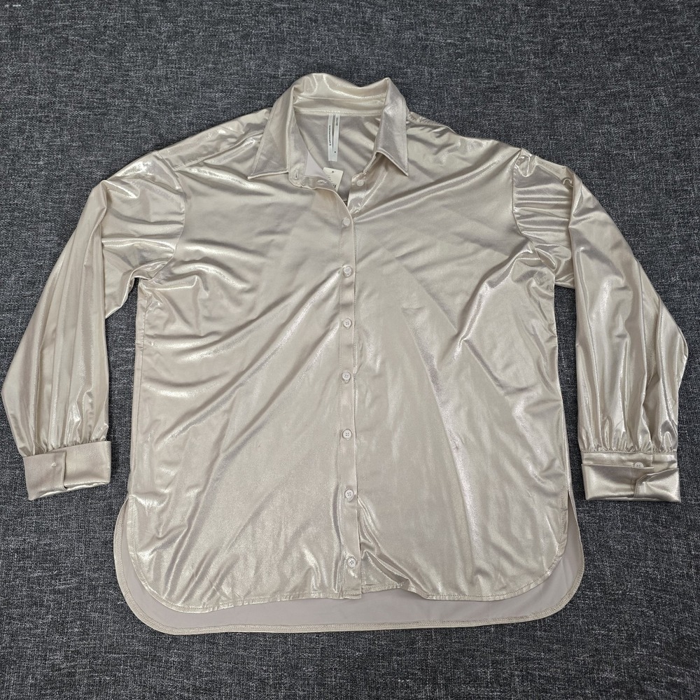 Anthropologie Women Metallic Shimmer Button Down Shirt Sable Sand M 93847309